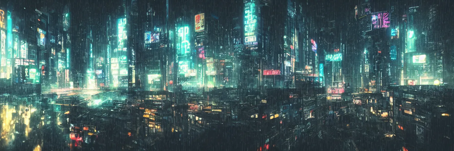 Image similar to shot of the man standing on the roof during rain, looks at impressive cyberpunk city at night during great storm, nightscape, futuristic architecture, realistic photo, neons, blade runner, akira style, cinematic lighting, cinematic angles