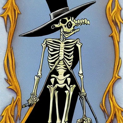 Image similar to DND character, skeleton, Tall skeletal figure, wearing a deep black suit and tie and top hat. golden cane in his right. Light blue flames envelop his whole body