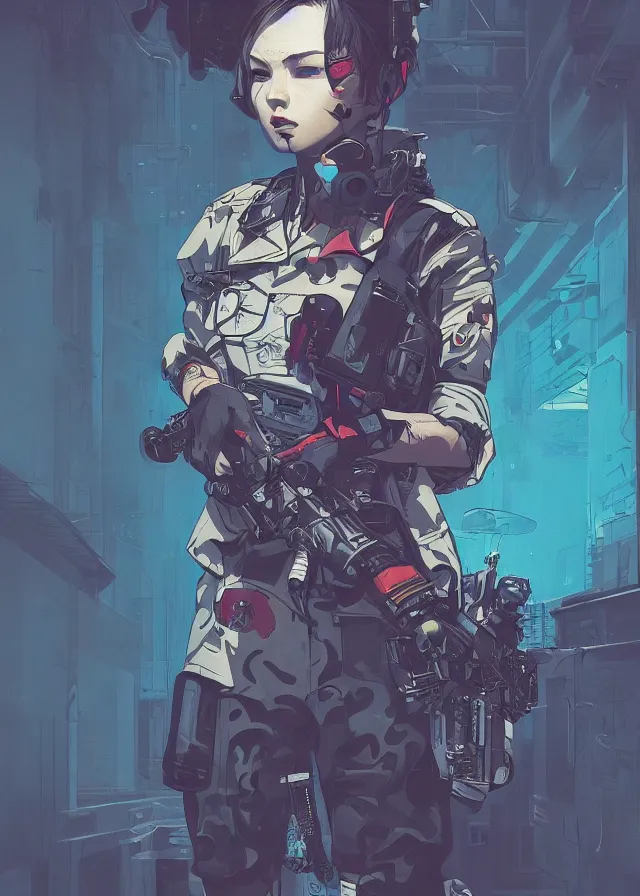 Image similar to highly detailed, ilya kuvshinov, rutkowski, simon roy, james jean, mcbess, portrait illustration of a cyberpunk military woman, colorful, cinematic composition, ray tracing, hyperrealism, photorealistic