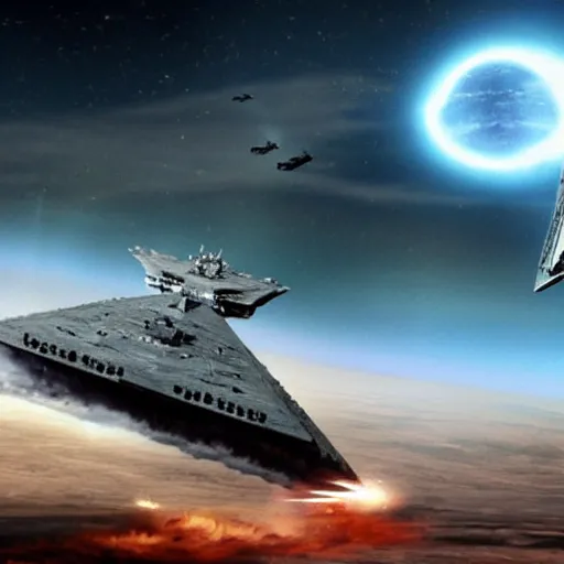 Prompt: a star destroyer being brought down by one powerful jedi, moons in the background