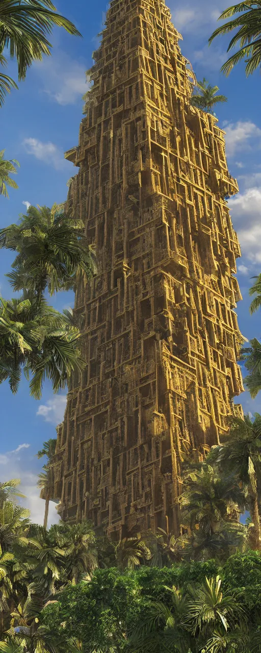 Prompt: eye level view of single tower, golden facade babylon tower, sacred ancient architecture, hanging gardens, cascading highrise, arid mountains with lush palm forest, sunlight, post - production, octane, cgi, sfx, beautiful dynamic lighting, cinematic, extremely high detail, photo realistic, cinematic lighting, 8 k