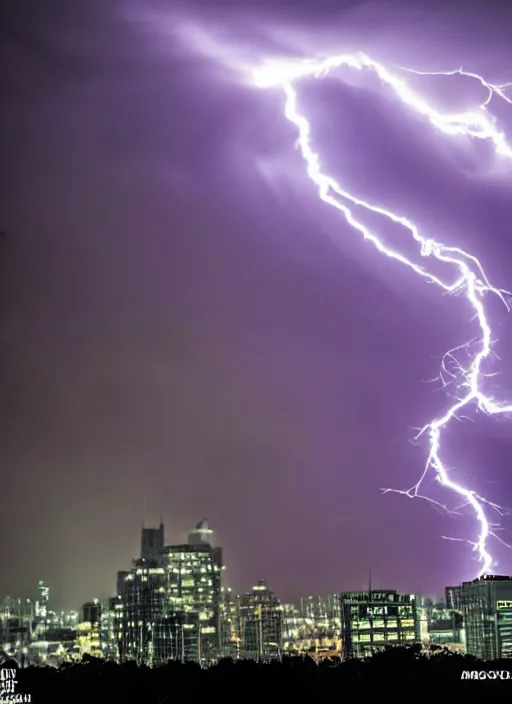 Image similar to a 2 8 mm macro photo of lightning striking the top of a building in a city, long exposure, misty, night, splash art, movie still, bokeh, canon 5 0 mm, cinematic lighting, dramatic, film, photography, golden hour, depth of field, award - winning, anamorphic lens flare, 8 k, hyper detailed, 3 5 mm film grain