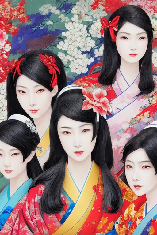 Image similar to a professional painting of 3 gorgeous Japanese Geisha girls, in brightly colored kimonos, long dark hair, beautiful bone structure, symmetrical facial features, intricate, elegant, digital painting, concept art, smooth, sharp focus, illustration, from StarCraft by Ruan Jia and Mandy Jurgens and Artgerm and William-Adolphe Bouguerea, epic, stunning, gorgeous, intricate detail, much wow, 4K, masterpiece, trending on artstation