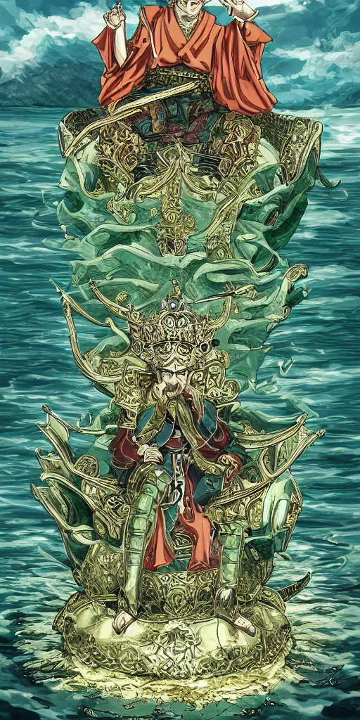 Image similar to a lone emperor sitting on a emerald throne floating on water in the middle of a lake drawn by Makoto Yukimura in the style of Vinland saga anime, full color, detailed, psychedelic, Authority, structure, a father figure, tarot card