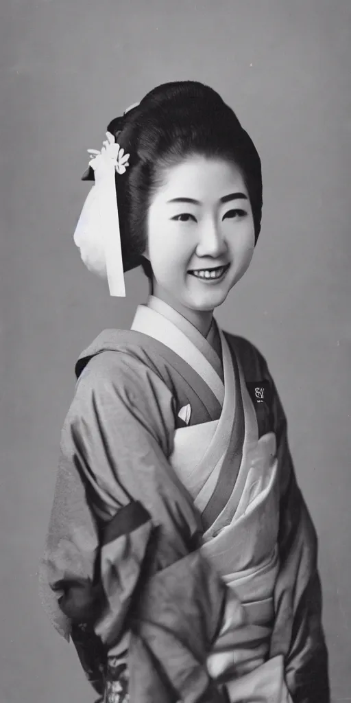 Prompt: A photo of young Japanese geisha smiling at camera and wearing T-shirt