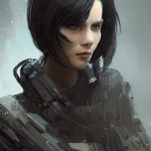 Image similar to portrait of a woman by greg rutkowski, she is about 3 0 years old, messy black bob hair, pale round face, tired eyes, she is wearing futuristic black colored tactical gear, highly detailed portrait, digital painting, artstation, concept art, smooth, sharp foccus ilustration, artstation hq