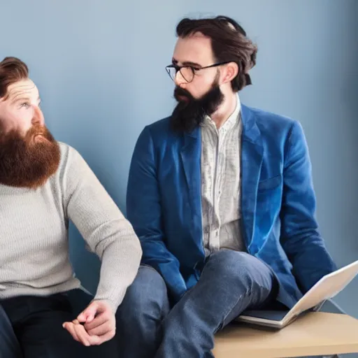 Prompt: a woman in a blue dress and a bearded hipster argue about artificial intelligence on a sofa