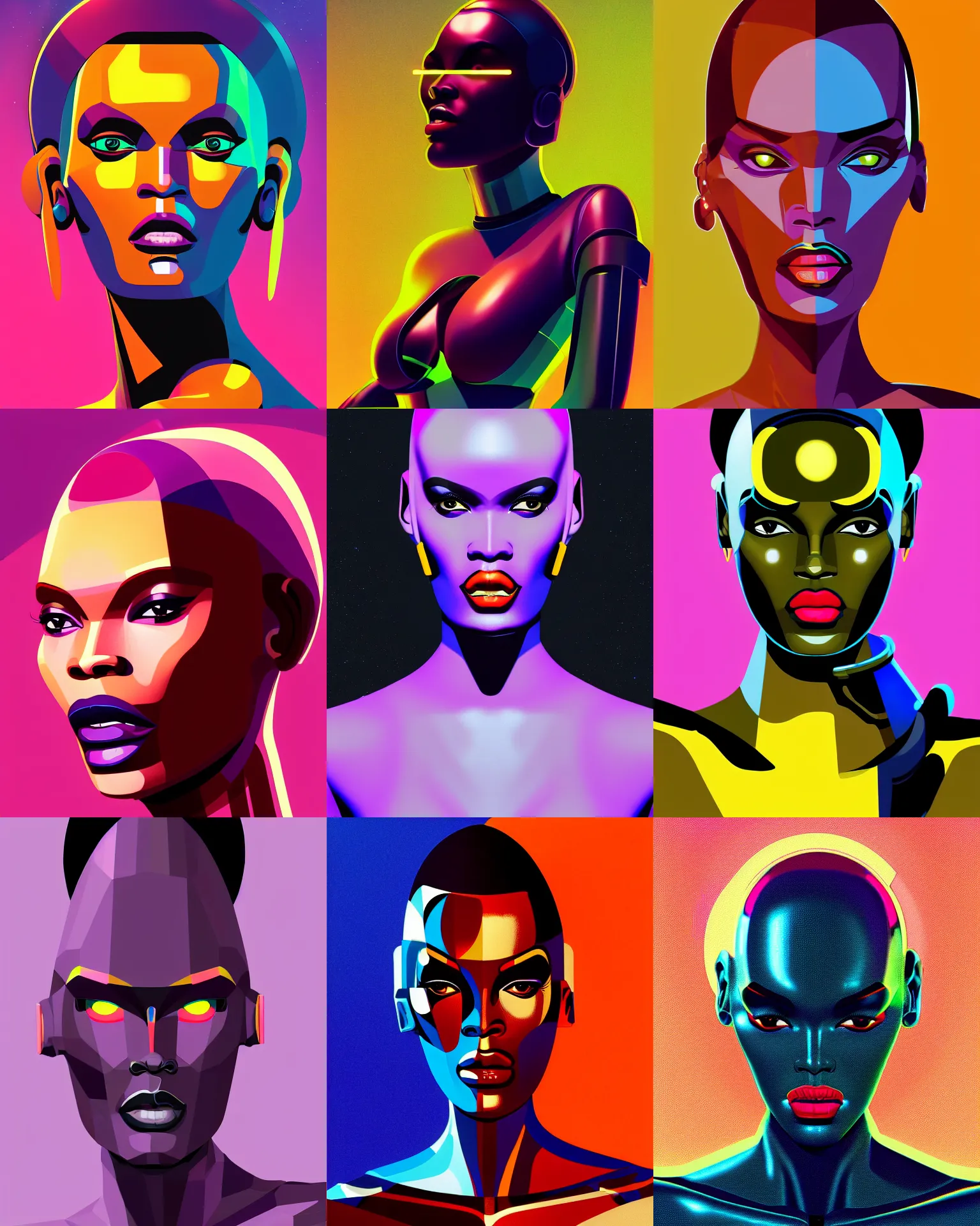 Prompt: android grace jones 2 2 years old space woman, half robot and half woman, retro futurism, solaris, half portrait by stanley artgerm, dramatic lighting, ilya kuvshinov, trending on artstation, flat colour, geometric curves, gradient filter, pleasing tone colours