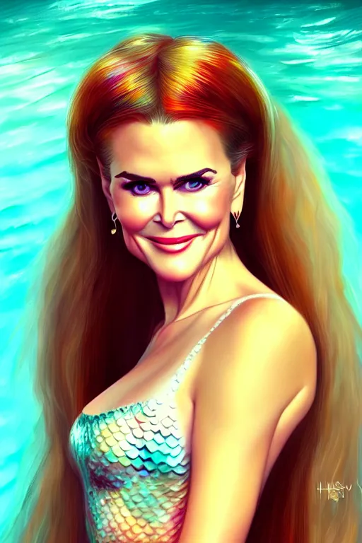 Image similar to portrait of a mix of beautiful young maria shriver, mariel hemmingway, brooke shields, nicole kidman and elle macpherson as a mermaid, thin lips, hair tied up in a pony tail, colorful artstation, cgsociety