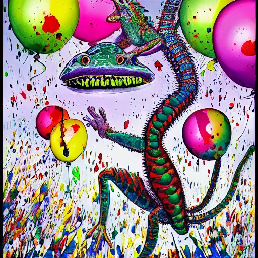 Prompt: Hillary Clinton lizard looking at brightly colored balloons, Ralph steadman, psychedelic, surreal, ink splatter, detailed, 4k