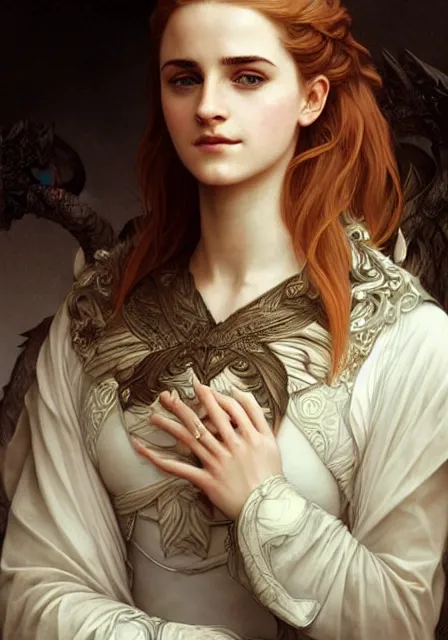 Prompt: sansa emma watson on dragon, intricate, elegant, highly detailed, digital painting, artstation, concept art, smooth, sharp focus, illustration, art by artgerm and greg rutkowski and alphonse mucha and william - adolphe bouguereau