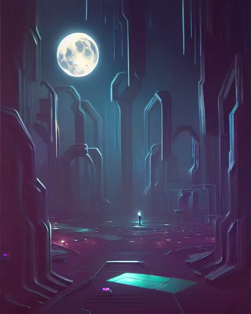 Prompt: a dark cyberpunk acrylic painting of a moon garden, trending on ArtStation, Beeple