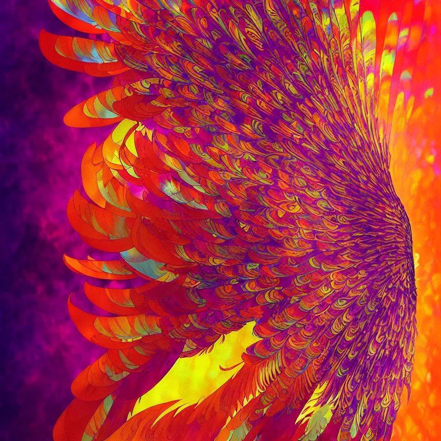 Image similar to face of innocent psychedelic transcendent feather mind bending psychedelic wings of glossy liquid honey flowing like kaleidoscopic translucent holograph, lsd feathers, feathery fluff, enlightenment, high contrast dappled lighting, refracted sunset, highly detailed, concept art, art by collier, albert aublet, krenz cushart, artem demura, alphonse mucha