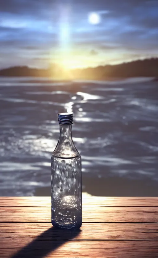 Image similar to a supernova inside a water bottle on a wooden table, hyperrealistic, concept art, octane render, unreal engine 5, trending on artstation, high quality, highly detailed, 8 k hdr, soft lighting, path traced, a beach at sunset in the background, bloom, high coherence, symmetrical, high contrast, digital art, serene landscape, cinematic