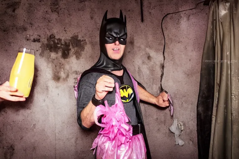 Image similar to michael keaton as batman wearing pink frilly apron offering free beer in dirty disgusting brown bathroom with cracked tiles and mold, atmospheric eerie lighting, dim lighting, bodycam footage, motion blur, blurry photography