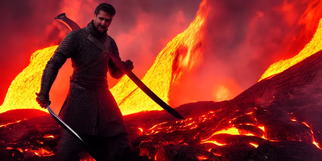 Prompt: Film still of a man holding a sword over lava, 4k, trending on artstation