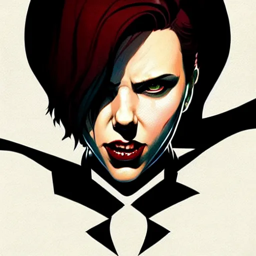 Image similar to rafael albuquerque comic art, peter mohrbacher, steve niles, phil noto, artgerm, pretty scarlett johansson vampire sharp vampire teeth open mouth, symmetrical eyes, black leather jacket, jeans, long blonde hair