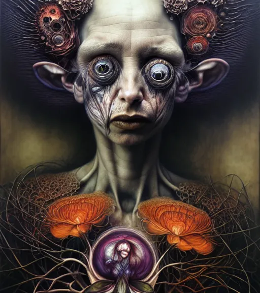 Prompt: portrait, stranger psycho by julie heffernan, glenn brown, naoto hattori, brian froud, nicola samori, paolo roversi, kilart, 8 k, hyper detailed.