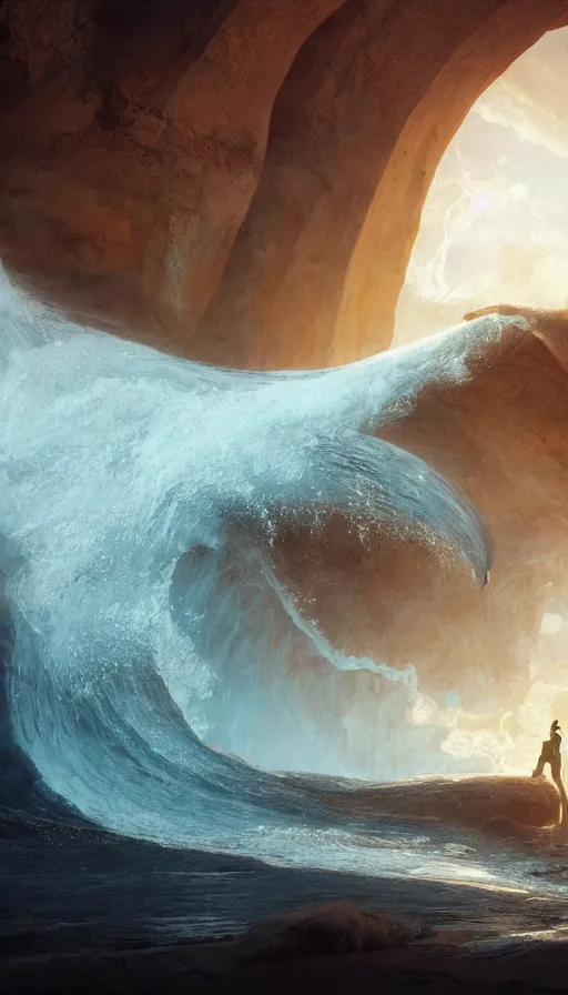 Image similar to a glowing magical portal inside a big wave made of sand fantasy desert, portal, a man watching over, lightning, sandstorm, by caspar david friedrich by james gilleard and justin gerard, artstation, smooth, sharp focus, by jean baptiste, octane render