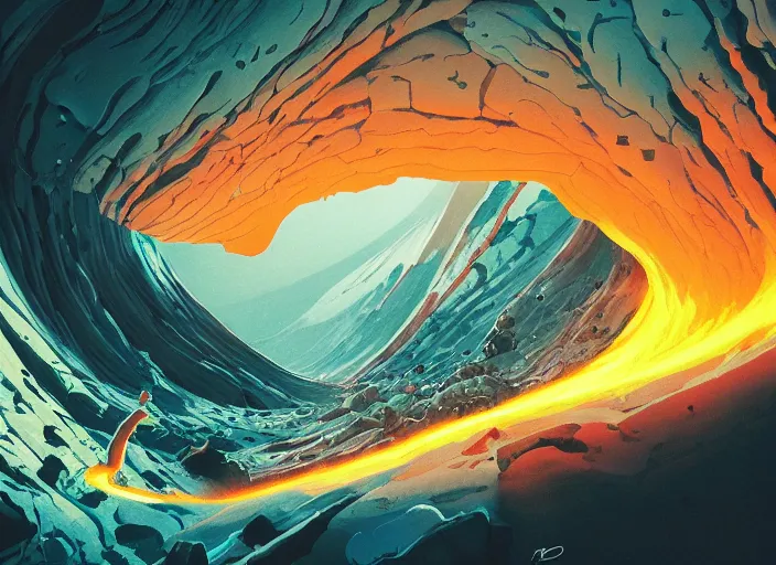 Prompt: an lava canyon landscape with giant alien hole opening into the underworld, dynamic shadows, dynamic lighting, ilya kuvshinov, kyoani, hiroaki samura, yoshinari yoh, james jean, katsuhiro otomo, erik jones, cel shaded, anime poster