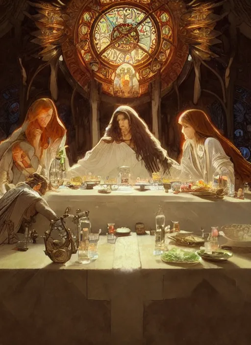 Image similar to the last supper beautiful painting by arthur addams and greg rutkowski and alphonse mucha, highly detailed, illustration, epic, fantasy, intricate, hyper detailed, artstation, concept art, smooth, sharp focus, ray tracing