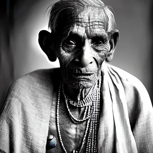 Image similar to photo, portrait of 100 year old Indian holy man by richard avedon, realistic, Leica, medium format, cinematic lighting, wet plate photography, parallax, high resolution,