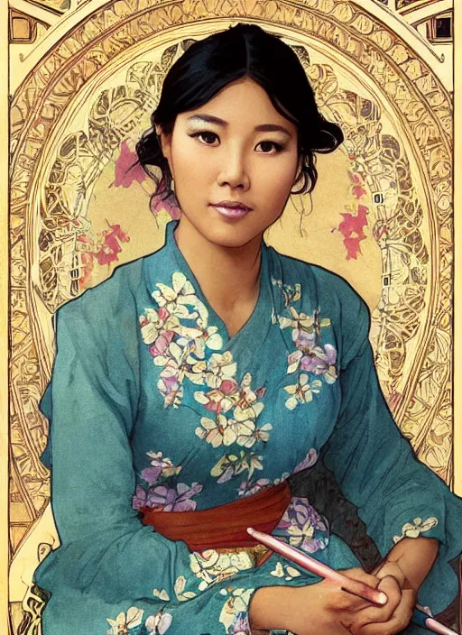 Prompt: a painting of a beautiful 35 year old Asian woman with tanned skin and traditional dress with long sleeves that cover one hand. She is holding a pen. by Artgerm and Greg Rutkowski and Alphonse Mucha, dramatic studio lighting