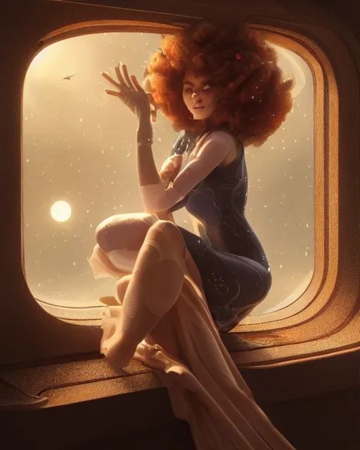 Image similar to woman sitting on a spaceship window, beautiful detailed dress, highly detailed face, beautiful face, smiling, by artgerm, by wlop, by greg rutkowski, octane render, digital art