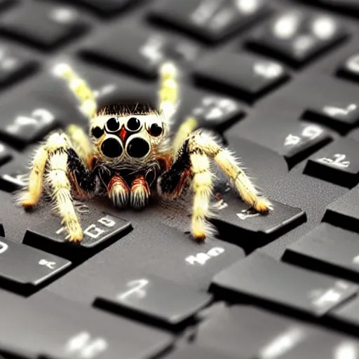 Image similar to a jumping spider pressing keyboard keys, by pixar, macro lens, iridescent, character concept art