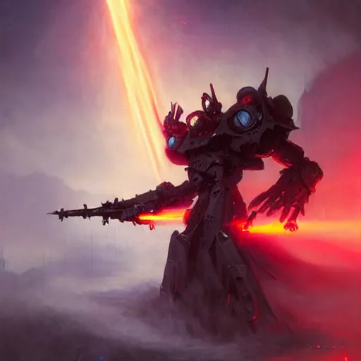 Prompt: ''cinematic shot'' of a demonic dark mech with red eyes looking into your soul realistic atmosferic made by ivan aivazovsky, peter mohrbacher, greg rutkowski volumetric light effect broad light oil painting painting fantasy art style sci - fi art style realism premium prints available artwork unreal engine