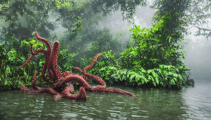 Prompt: a rainy foggy jungle, river with low hanging plants, there is a giant coral colored octopus in the water, great photography, ambient light