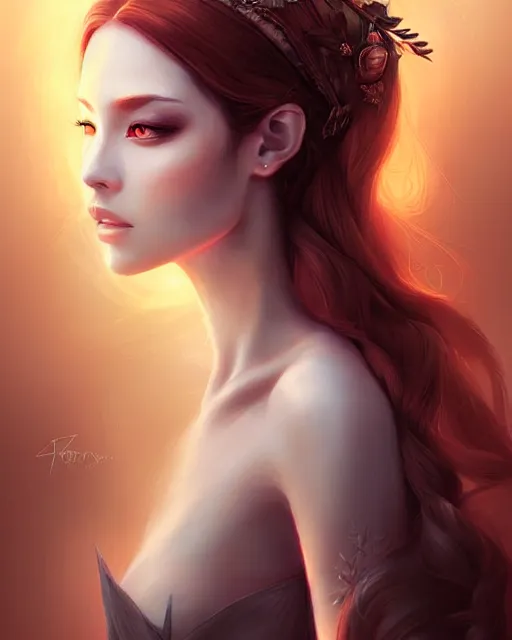 Prompt: Elegant auburn priestess portrait, dark fantasy digital art, soft focus, depth blur, by artgerm and wlop