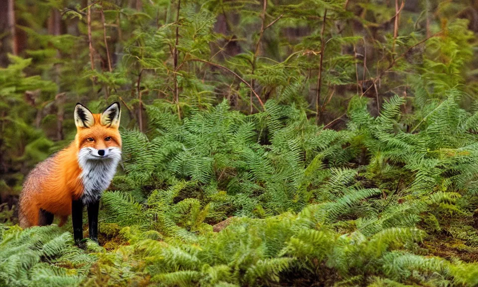 Image similar to a red fox in a northwestern boreal forest with lush ferns after a rain shower, golden hour, sunlight, huge, boulders, award winning nature photograph