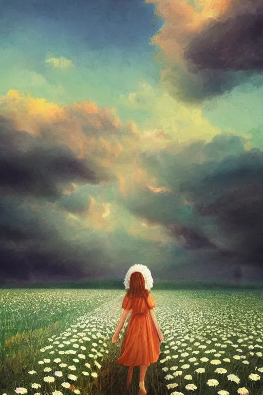 Image similar to white daisy flowers as head veil, girl walking in a flower field, surreal photography, sunrise, dramatic light, impressionist painting, colorful clouds, digital painting, artstation, simon stalenhag