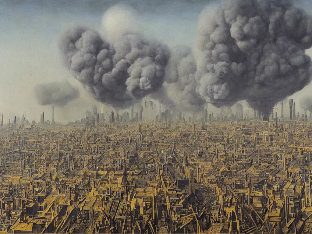 Image similar to albino mystic, looking brutalist metropolis, toxic, industrial with smoke in the distance. Painting by Jan van Eyck, Audubon, Rene Magritte, Agnes Pelton, Max Ernst, Walton Ford