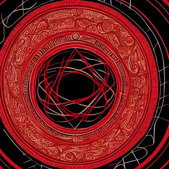 Prompt: a painting of a circle with a red and black design, an album cover by Constant, behance contest winner, letterism, wiccan, concert poster, outlined art, featured on tumblr, lovecraftian, symbolism, letterism