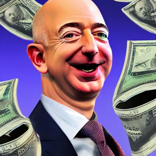 Prompt: digital art of jeff bezos cackling on top of a pillar of money