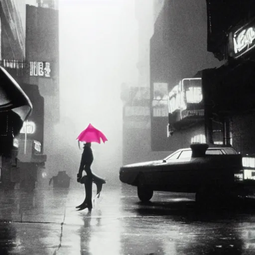 Image similar to 1 9 8 2 film stills of blade runner, with rachel with beyonce, and doja cat, having a night on the town. rainy and smoky with futuristic vehicles overhead and people carrying neon umbrellas.