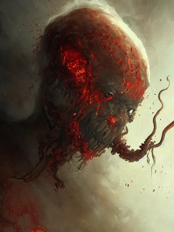 Image similar to painting by greg rutkowski a flying human head with tears running down it's face face that is chalk white in color, with long white!! tentacles!! coming out of the neck, fiery scorching red eyes, flying in a terrying hellish dark cavernous place