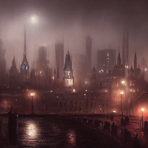 Image similar to victorian city, dark, misty, at night, 8 k, detailed, concept art, trending on artstation