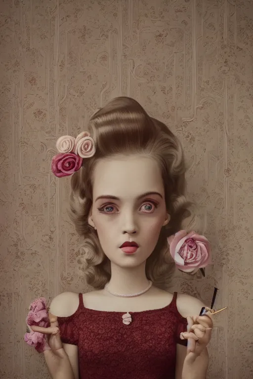 Image similar to portrait of a retro girl's room 1 9 5 0 s, depth of field, zeiss lens, detailed, symmetrical, centered, fashion shoot, by nicoletta ceccoli, mark ryden, lostfish, stunning, 8 k resolution, extremely detailed, beautiful, establishing shot, artistic, hyperrealistic, octane render