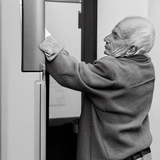 Image similar to B&W photo of an old man looking for help as his hand is stuck in an ATM