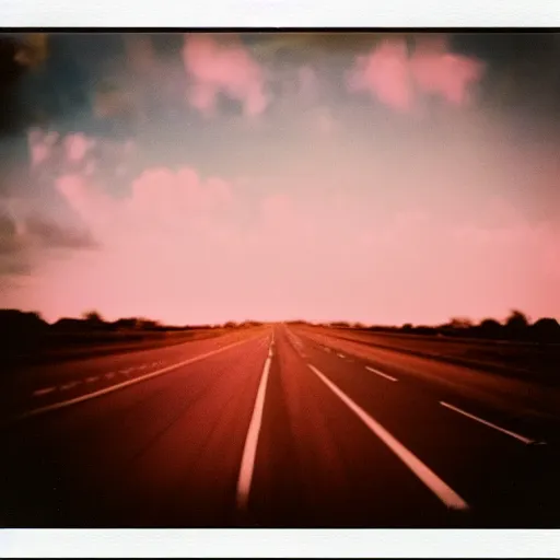 Image similar to instant photograph of the sky, polaroid, raw, beautiful, nostalgic, light leak, sunset, clouds, highway