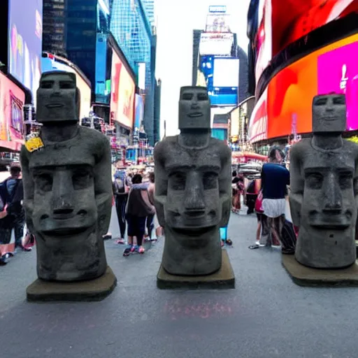 Prompt: photo of moai statues invasion in times square