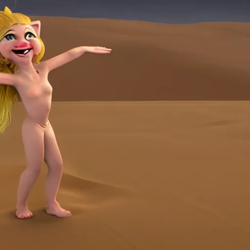 Image similar to a humanized happy cat dancing on sands ,