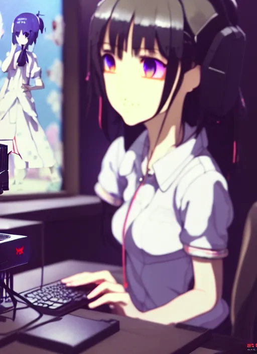 Image similar to a film still polaroid portrait of a young gamersgirl at a gaming pc, finely detailed features, perfect art, busy room, gapmoe yandere grimdark, trending on pixiv fanbox, focussed painted by ilya kushinov makoto shinkai takashi takeuchi studio ghibli, akihiko yoshida, sachin teng, huang guangjian, artstation