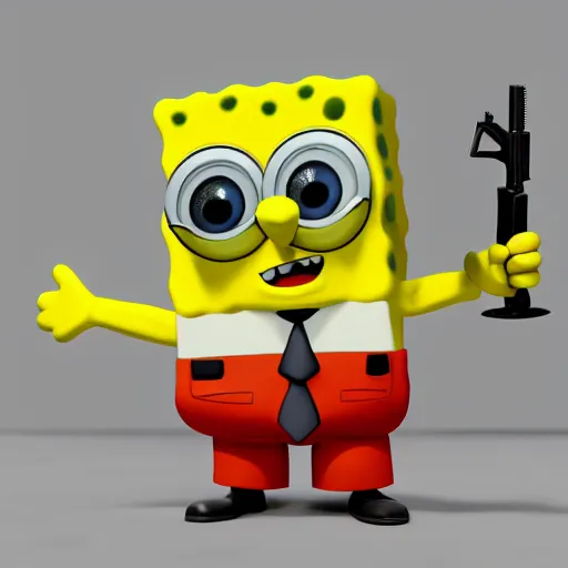 Prompt: cute spongebob in a suit while holding a gun, cartoon, digital art, 3 d rendered in octane, pixar character, blender, maya, shadows, lighting depth of view