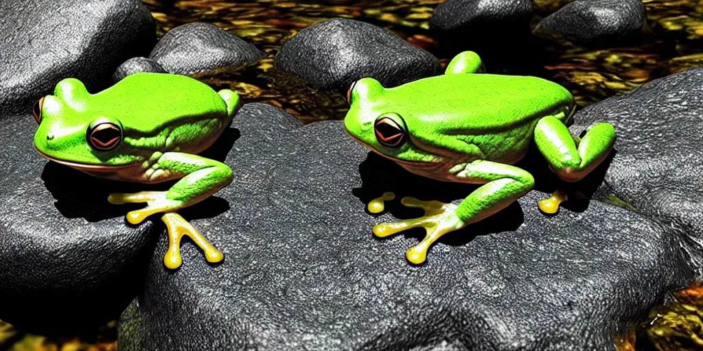 Image similar to A frog sitting on a glistening creek rock, flowing clear water creek bed, photorealistic 3D artwork.