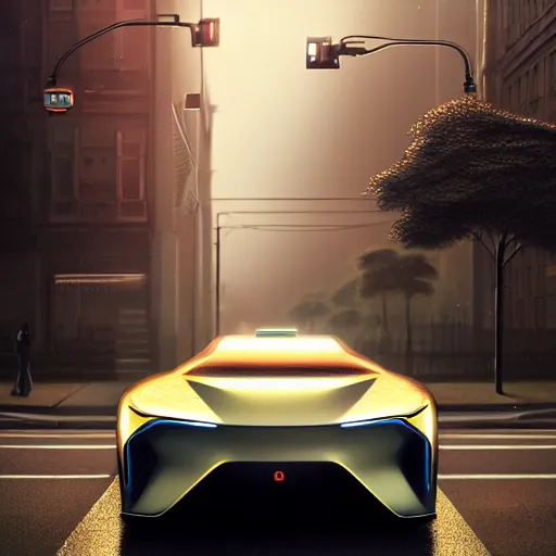 Image similar to detailed intricate digital illustration by greg rutkowski and artgerm and wlop ; 2 0 2 4 concept car electric vehicle, sharp, smooth, closeup editorial photograph ; bright, glowing, led headlights and sleek design ; sharp focus, depth of field, rain, motion blur, cinematic angle and composition, golden hour