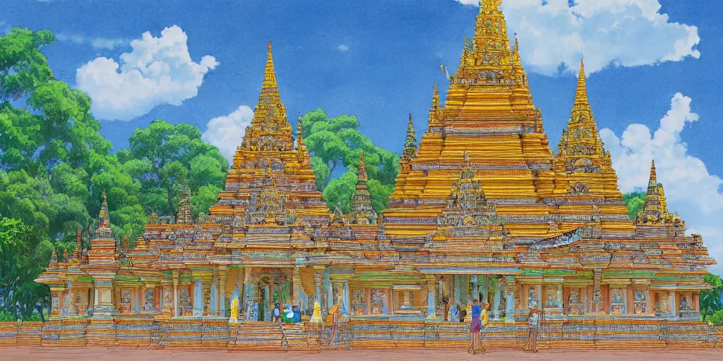 Image similar to jaffna kovil in sri lanka, drawn by hayao miyazaki